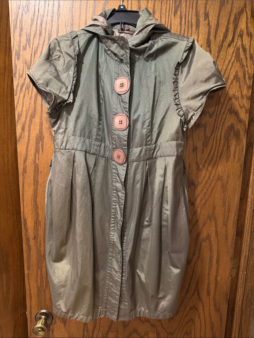 hazel Olive Green Hooded Dress with Brown Buttons